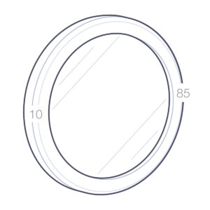 Schéma de la médaille en verre et métal : diamètre 85 mm et épaisseur 10 mm.