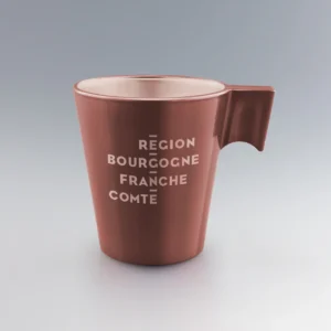 Tasse expresso en verre Luminarc terracotta, finition intérieure métallisée, personnalisée avec un logo blanc.