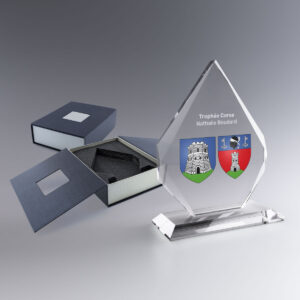 Trophée Iceberg en verre personnalisé avec deux blasons en couleur et l’inscription « Trophée Corse », accompagné de coffrets.