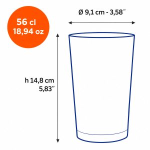 Dimensions du verre à bière Duralex Unie 56 cl : hauteur 14,8 cm et diamètre 9,1 cm