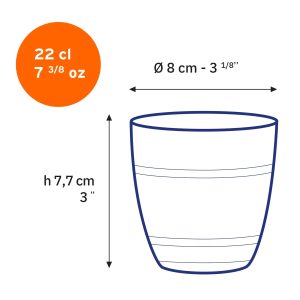 Dimensions du verre Duralex Gigogne 22 cl : hauteur 7,7 cm et diamètre 8 cm
