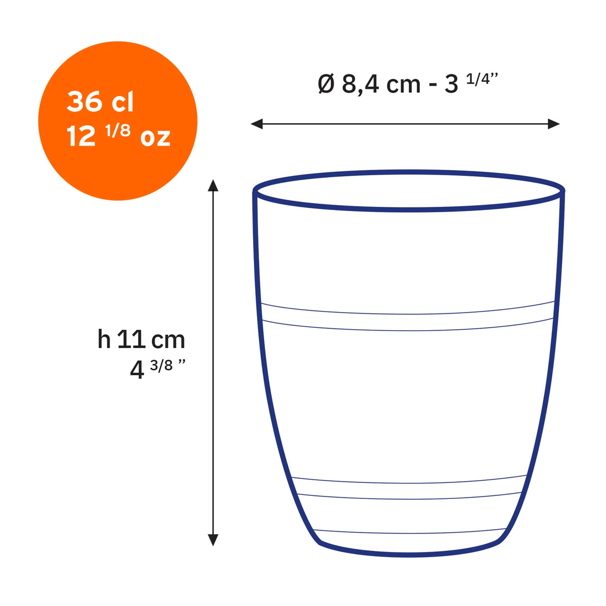 Dimensions du verre Duralex Gigogne 36 cl : hauteur 11 cm et diamètre 8,4 cm
