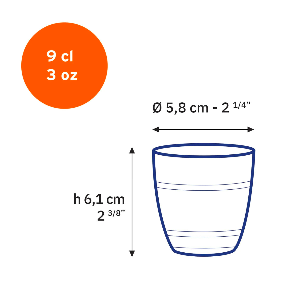 Dimensions du verre Duralex Gigogne 9 cl : hauteur 6,1 cm et diamètre 5,8 cm