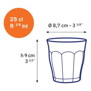 Dimensions du verre Duralex Picardie 25 cl : hauteur 9 cm et diamètre 8,7 cm