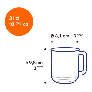 Dimensions de la tasse Duralex Lys 31 cl : hauteur 9,8 cm et diamètre 8,1 cm