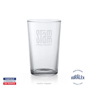 Verre à bière Duralex Unie 33 cl transparent gravé avec le logo STAM et la mention Bières d’Alsace