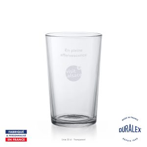 Verre à bière Duralex Unie 33 cl gravé avec le logo Visit Alsace et le texte En pleine effervescence