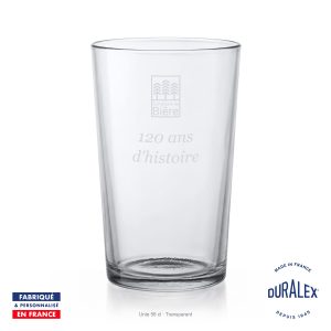 Verre à bière Duralex Unie 56 cl gravé avec le logo de la commune de Bière et le texte 120 ans d’histoire