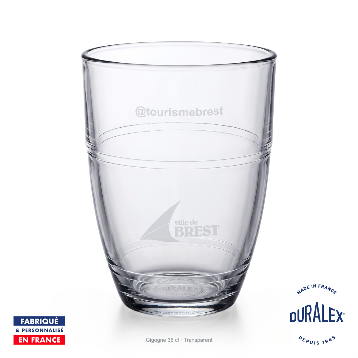 Verre Duralex Gigogne 36 cl gravé avec le logo de la ville de Brest et la mention @tourismebrest