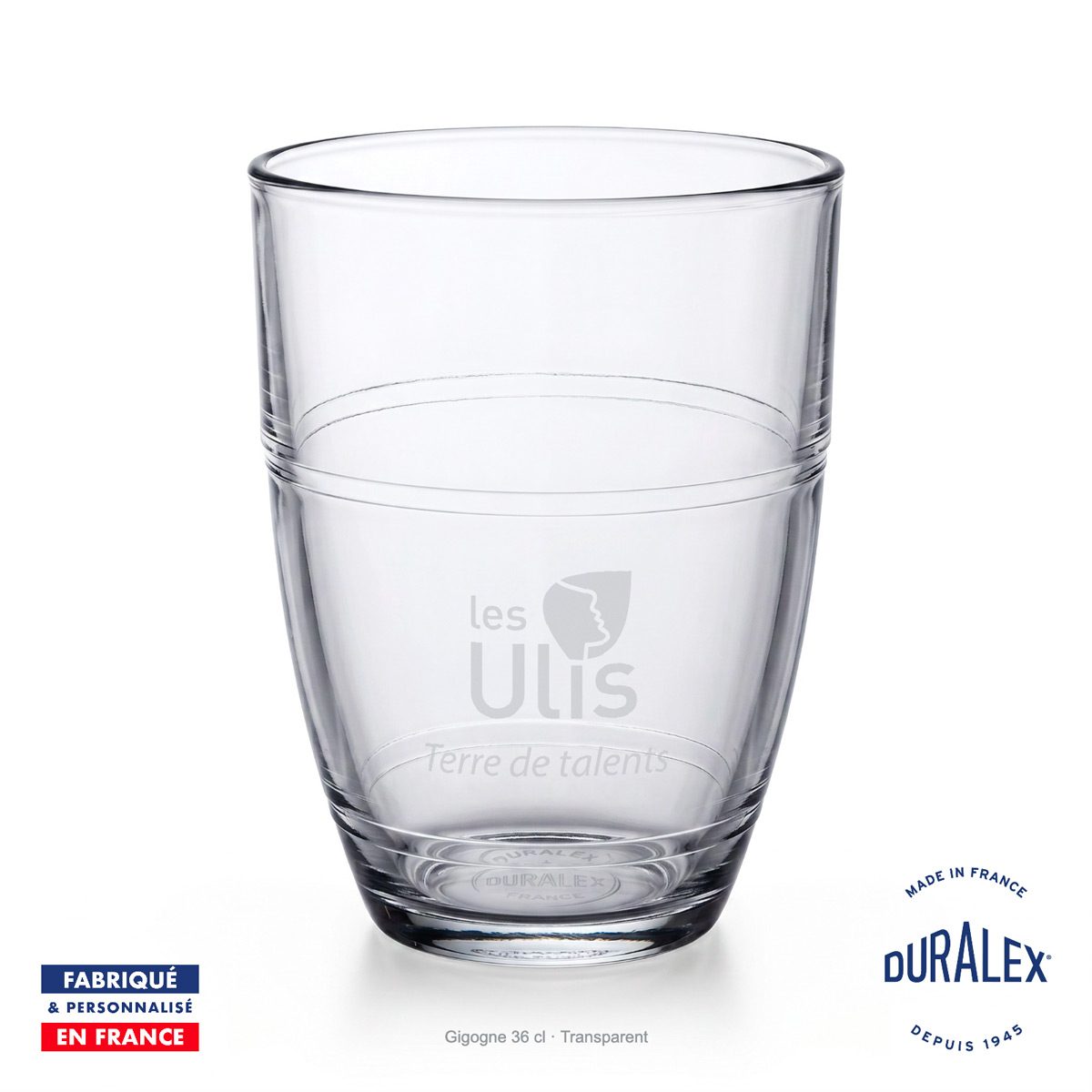 Verre Duralex Gigogne 36 cl transparent gravé avec le logo Les Ulis et la signature Terre de talents