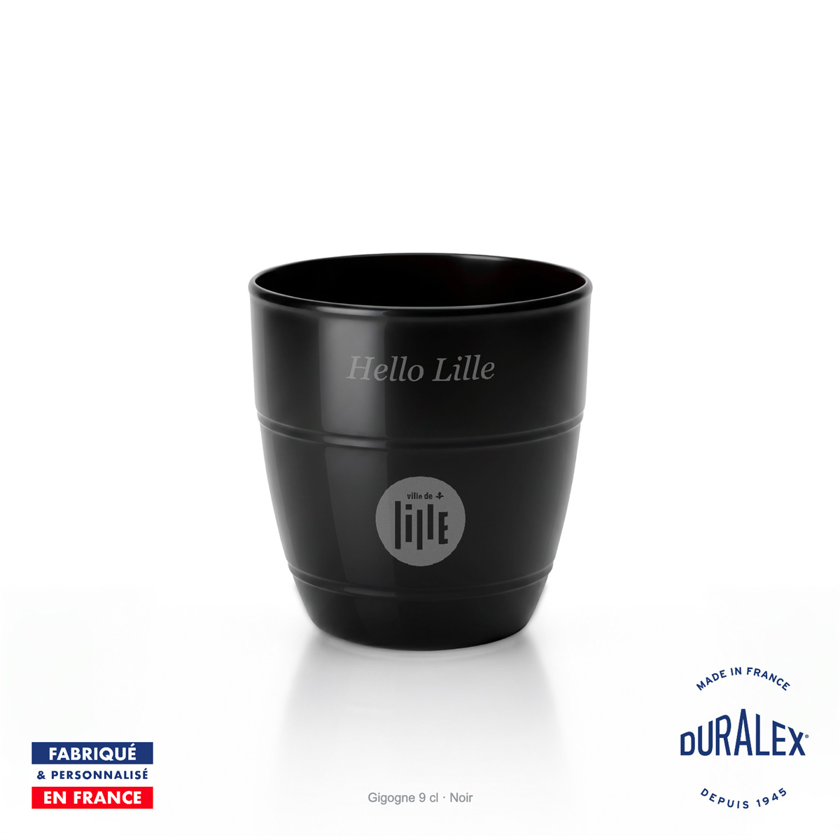 Verre Duralex Gigogne 9 cl noir gravé avec le logo de la ville de Lille et le texte Hello Lille