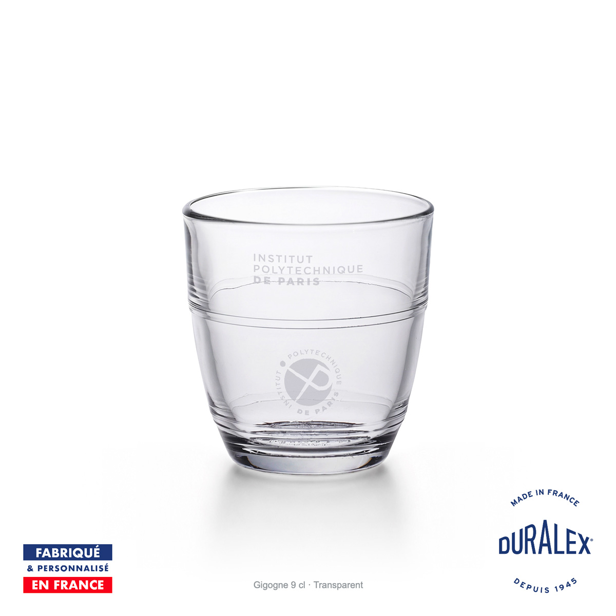 Verre Duralex Gigogne 9 cl transparent gravé avec le nom et le logo de l’Institut polytechnique de Paris