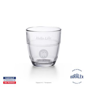 Verre Duralex Gigogne 9 cl transparent gravé avec le logo de la ville de Lille et le texte Hello Lille