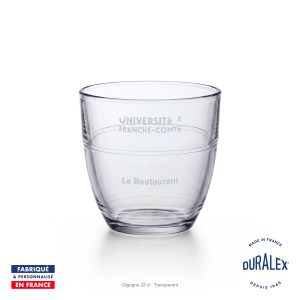 Verre Duralex Gigogne 22 cl transparent gravé avec le logo de l’Université de Franche-Comté et le texte Le Restaurant